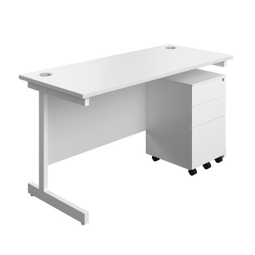 Single Upright Rectangular Desk + Under Desk Steel Pedestal 3 Drawers (FSC) 1400 X 600 White/White