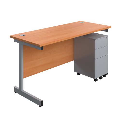 Single Upright Rectangular Desk + Slimline Steel Pedestal 3 Drawers (FSC) 1400 X 600 Beech/Silver