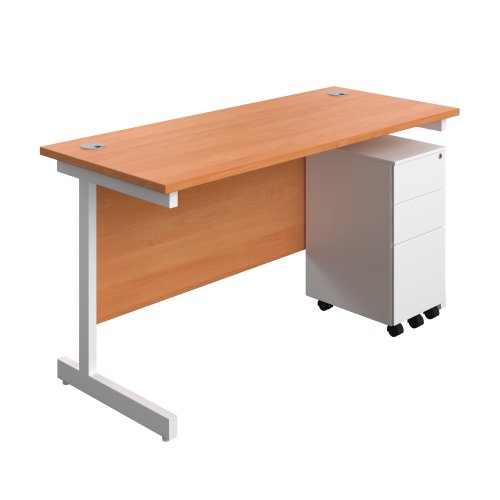 Single Upright Rectangular Desk + Slimline Steel Pedestal 3 Drawers (FSC) 1400 X 600 Beech/White