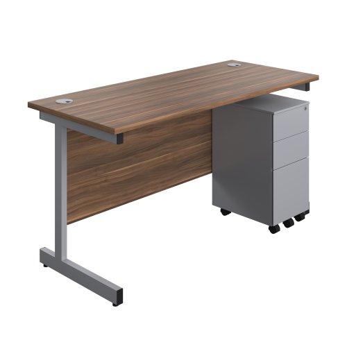 Single Upright Rectangular Desk + Slimline Steel Pedestal 3 Drawers (FSC) 1400 X 600 Dark Walnut/Silver