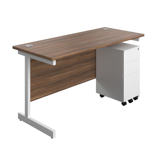 Single Upright Rectangular Desk + Slimline Steel Pedestal 3 Drawers (FSC) 1400 X 600 Dark Walnut/White