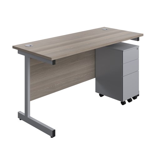 Single Upright Rectangular Desk + Slimline Steel Pedestal 3 Drawers (FSC) 1400 X 600 Grey Oak/Silver