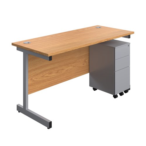 Single Upright Rectangular Desk + Slimline Steel Pedestal 3 Drawers (FSC) 1400 X 600 Nova Oak/Silver