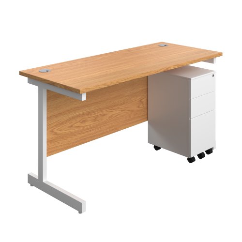 Single Upright Rectangular Desk + Slimline Steel Pedestal 3 Drawers (FSC) 1400 X 600 Nova Oak/White
