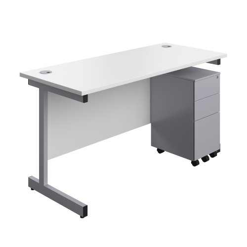 Single Upright Rectangular Desk + Slimline Steel Pedestal 3 Drawers (FSC) 1400 X 600 White/Silver