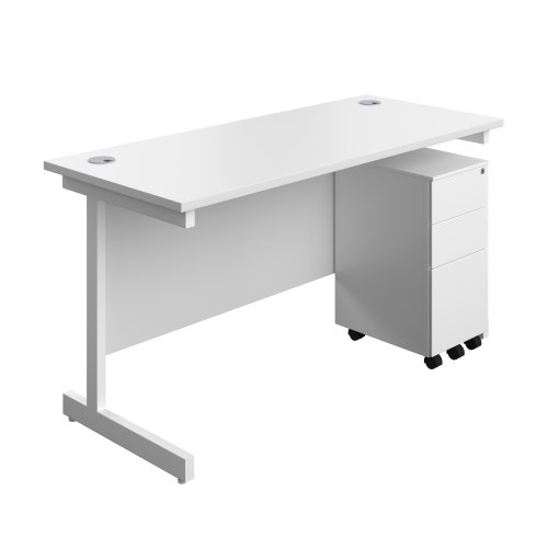 Single Upright Rectangular Desk + Slimline Steel Pedestal 3 Drawers (FSC) 1400 X 600 White/White