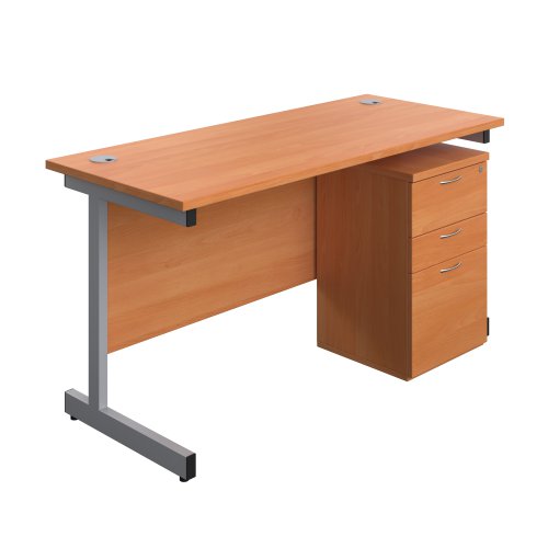 Single Upright Rectangular Desk + High Mobile Pedestal 3 Drawer (FSC) 1400 X 600 Beech/Silver