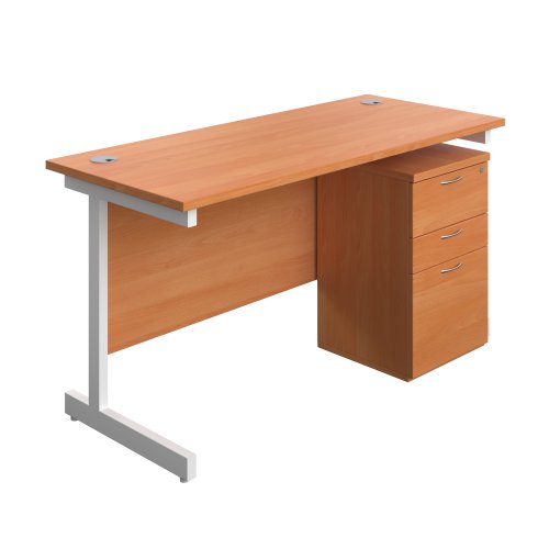Single Upright Rectangular Desk + High Mobile Pedestal 3 Drawer (FSC) 1400 X 600 Beech/White