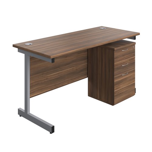 Single Upright Rectangular Desk + High Mobile Pedestal 3 Drawer (FSC) 1400 X 600 Dark Walnut/Silver
