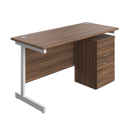 Single Upright Rectangular Desk + High Mobile Pedestal 3 Drawer (FSC) 1400 X 600 Dark Walnut/White