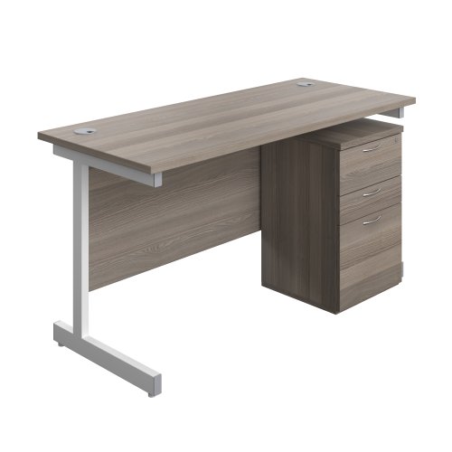Single Upright Rectangular Desk + High Mobile Pedestal 3 Drawer (FSC) 1400 X 600 Grey Oak/White