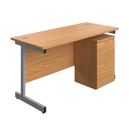 Single Upright Rectangular Desk + High Mobile Pedestal 3 Drawer (FSC) 1400 X 600 Nova Oak/Silver