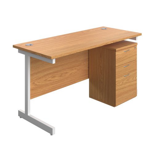 Single Upright Rectangular Desk + High Mobile Pedestal 3 Drawer (FSC) 1400 X 600 Nova Oak/White