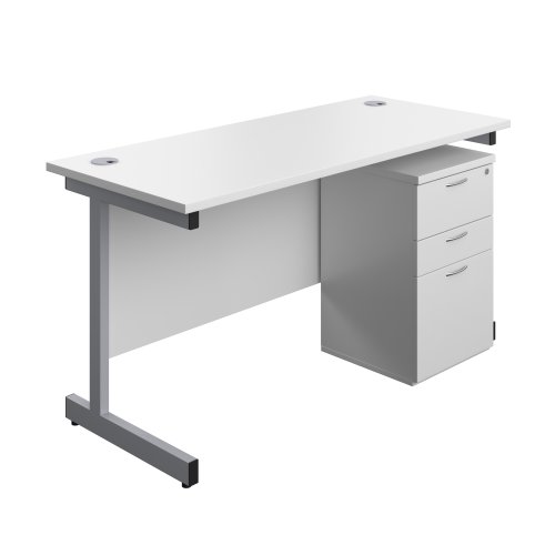 Single Upright Rectangular Desk + High Mobile Pedestal 3 Drawer (FSC) 1400 X 600 White/Silver