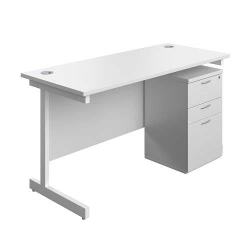 Single Upright Rectangular Desk + High Mobile Pedestal 3 Drawer (FSC) 1400 X 600 White/White