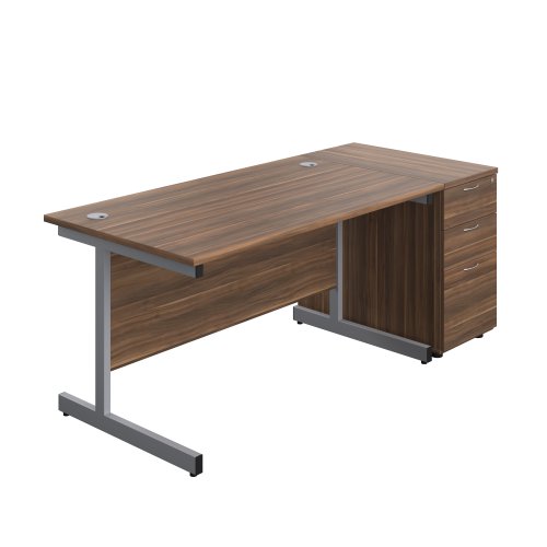 Single Upright Rectangular Desk + Desk High 3 Drawer Pedestal (FSC) 1400 X 800 Dark Walnut/Silver