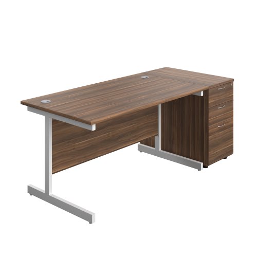 Single Upright Rectangular Desk + Desk High 3 Drawer Pedestal (FSC) 1400 X 800 Dark Walnut/White
