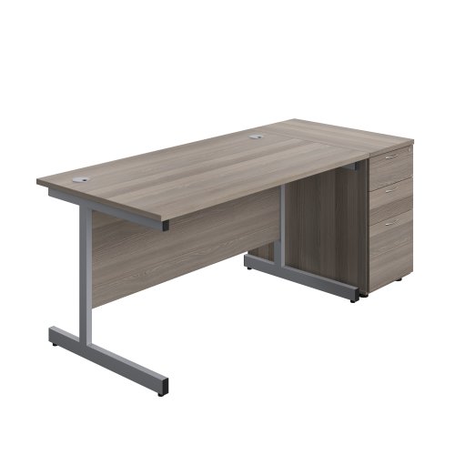 Single Upright Rectangular Desk + Desk High 3 Drawer Pedestal (FSC) 1400 X 800 Grey Oak/Silver