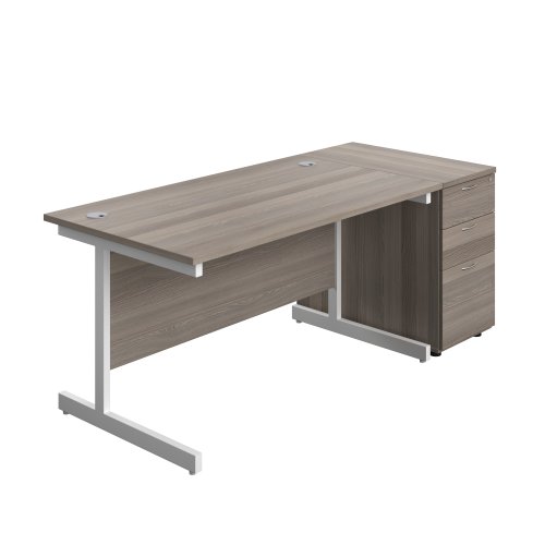 Single Upright Rectangular Desk + Desk High 3 Drawer Pedestal (FSC) 1400 X 800 Grey Oak/White