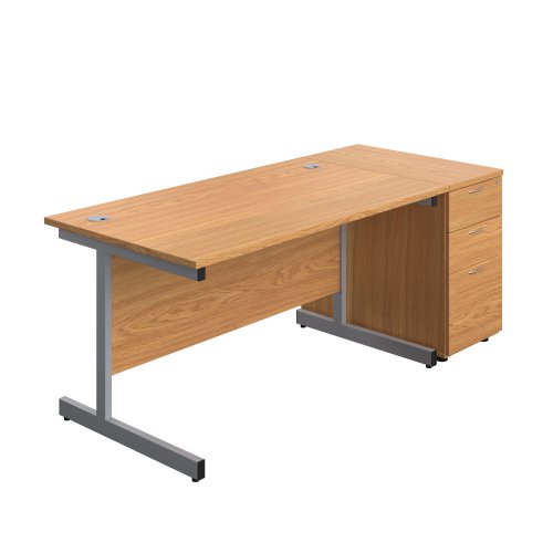 Single Upright Rectangular Desk + Desk High 3 Drawer Pedestal (FSC) 1400 X 800 Nova Oak/Silver