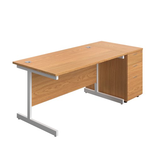 Single Upright Rectangular Desk + Desk High 3 Drawer Pedestal (FSC) 1400 X 800 Nova Oak/White