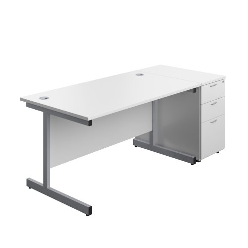 Single Upright Rectangular Desk + Desk High 3 Drawer Pedestal (FSC) 1400 X 800 White/Silver