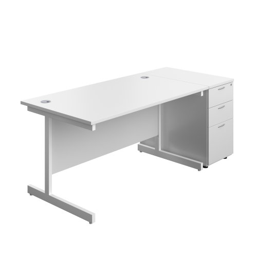Single Upright Rectangular Desk + Desk High 3 Drawer Pedestal (FSC) 1400 X 800 White/White