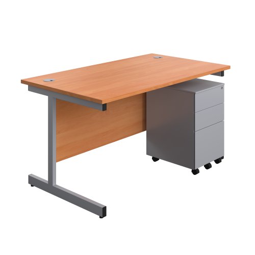 Single Upright Rectangular Desk + Under Desk Steel Pedestal 3 Drawers (FSC) 1400 X 800 Beech/Silver