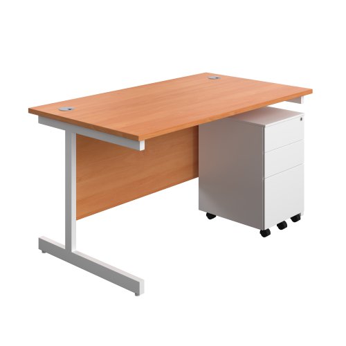 Single Upright Rectangular Desk + Under Desk Steel Pedestal 3 Drawers (FSC) 1400 X 800 Beech/White