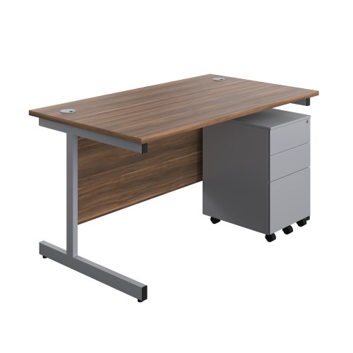 Single Upright Rectangular Desk + Under Desk Steel Pedestal 3 Drawers (FSC) 1400 X 800 Dark Walnut/Silver