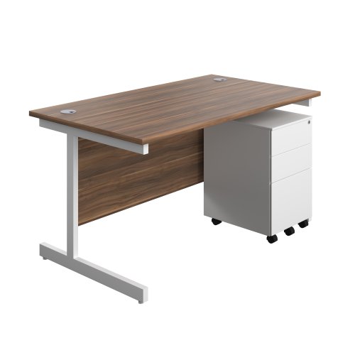 Single Upright Rectangular Desk + Under Desk Steel Pedestal 3 Drawers (FSC) 1400 X 800 Dark Walnut/White