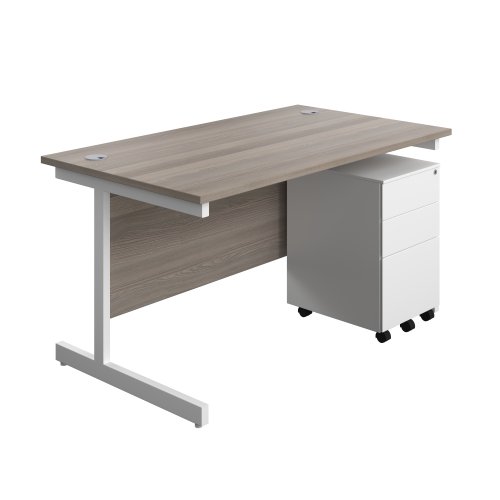 Single Upright Rectangular Desk + Under Desk Steel Pedestal 3 Drawers (FSC) 1400 X 800 Grey Oak/White