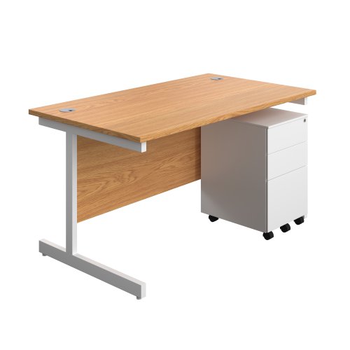 Single Upright Rectangular Desk + Under Desk Steel Pedestal 3 Drawers (FSC) 1400 X 800 Nova Oak/White