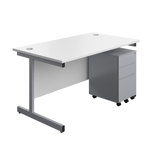 Single Upright Rectangular Desk + Under Desk Steel Pedestal 3 Drawers (FSC) 1400 X 800 White/Silver