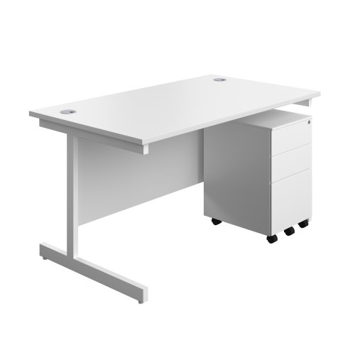 Single Upright Rectangular Desk + Under Desk Steel Pedestal 3 Drawers (FSC) 1400 X 800 White/White