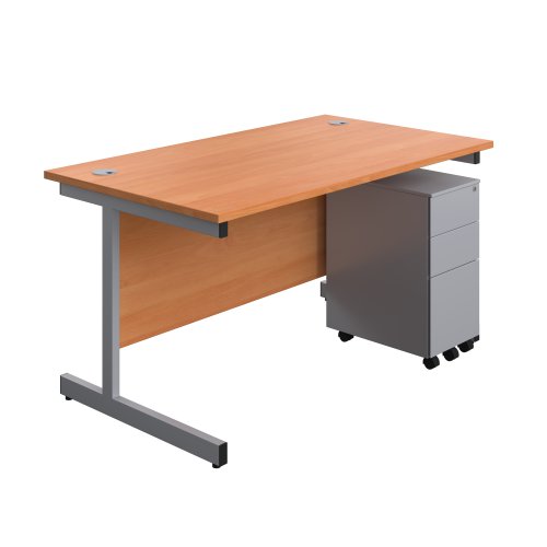 Single Upright Rectangular Desk + Slimline Steel Pedestal 3 Drawers (FSC) 1400 X 800 Beech/Silver