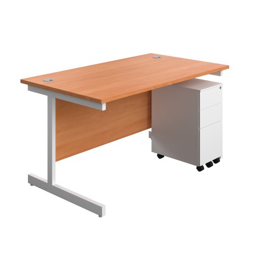 Single Upright Rectangular Desk + Slimline Steel Pedestal 3 Drawers (FSC) 1400 X 800 Beech/White