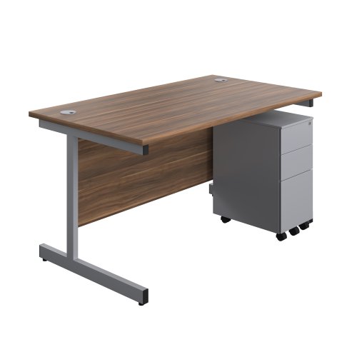 Single Upright Rectangular Desk + Slimline Steel Pedestal 3 Drawers (FSC) 1400 X 800 Dark Walnut/Silver