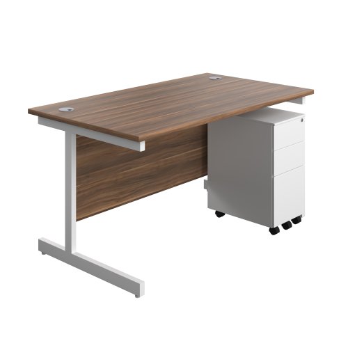 Single Upright Rectangular Desk + Slimline Steel Pedestal 3 Drawers (FSC) 1400 X 800 Dark Walnut/White