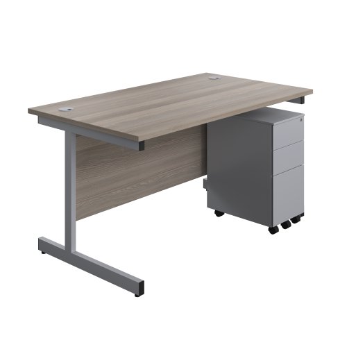 Single Upright Rectangular Desk + Slimline Steel Pedestal 3 Drawers (FSC) 1400 X 800 Grey Oak/Silver