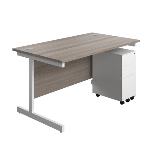 Single Upright Rectangular Desk + Slimline Steel Pedestal 3 Drawers (FSC) 1400 X 800 Grey Oak/White