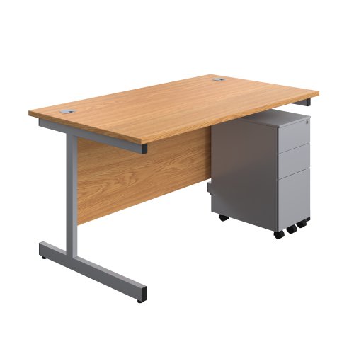 Single Upright Rectangular Desk + Slimline Steel Pedestal 3 Drawers (FSC) 1400 X 800 Nova Oak/Silver