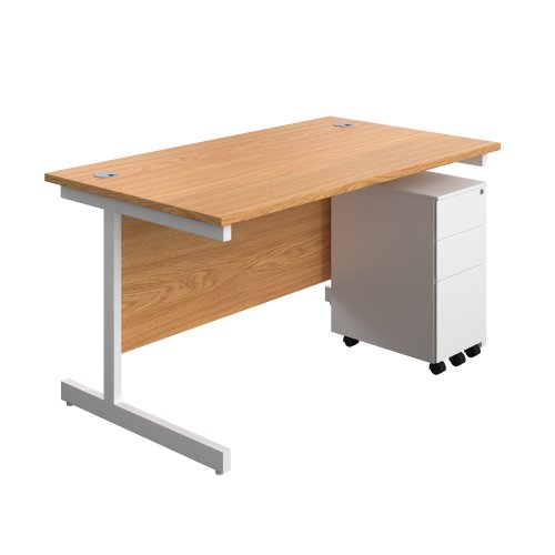 Single Upright Rectangular Desk + Slimline Steel Pedestal 3 Drawers (FSC) 1400 X 800 Nova Oak/White