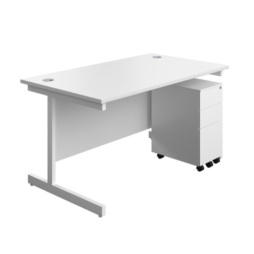Single Upright Rectangular Desk + Slimline Steel Pedestal 3 Drawers (FSC) 1400 X 800 White/White