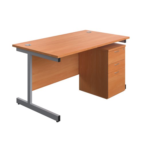 Single Upright Rectangular Desk + High Mobile Pedestal 3 Drawer (FSC) 1400 X 800 Beech/Silver