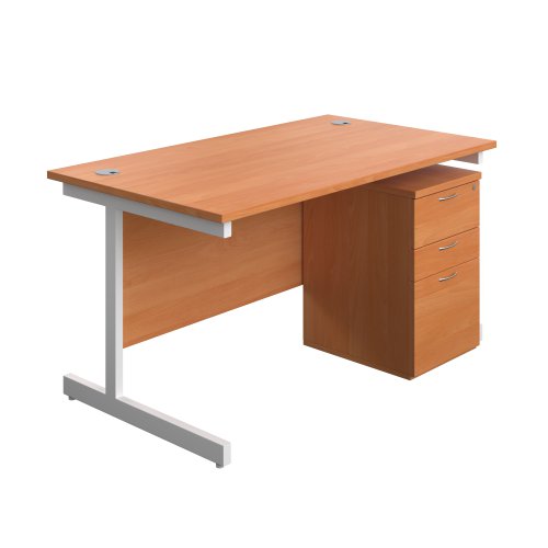 Single Upright Rectangular Desk + High Mobile Pedestal 3 Drawer (FSC) 1400 X 800 Beech/White