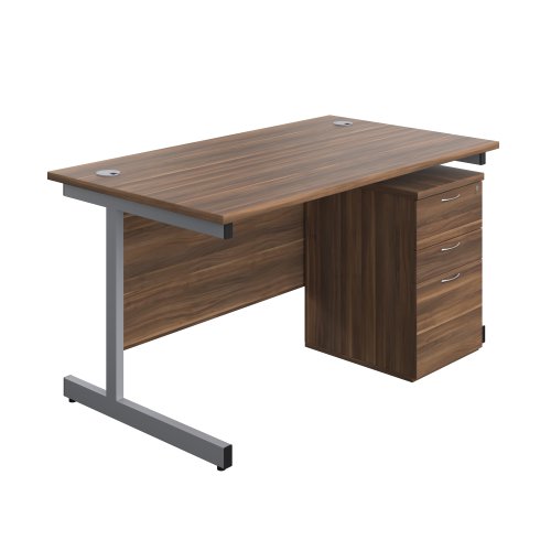 Single Upright Rectangular Desk + High Mobile Pedestal 3 Drawer (FSC) 1400 X 800 Dark Walnut/Silver