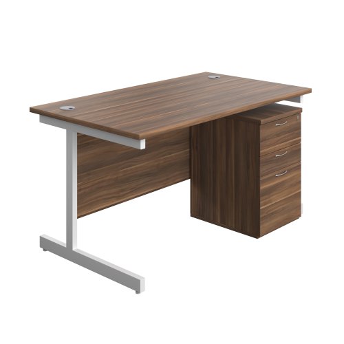 Single Upright Rectangular Desk + High Mobile Pedestal 3 Drawer (FSC) 1400 X 800 Dark Walnut/White