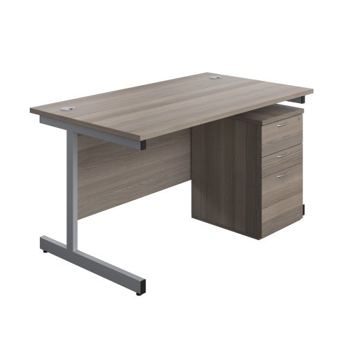 Single Upright Rectangular Desk + High Mobile Pedestal 3 Drawer (FSC) 1400 X 800 Grey Oak/Silver