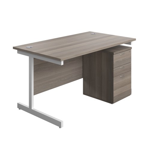 Single Upright Rectangular Desk + High Mobile Pedestal 3 Drawer (FSC) 1400 X 800 Grey Oak/White